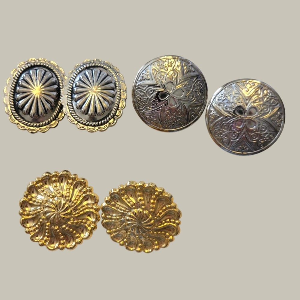 Clip On Earrings Vintage Western Boho Concho Floral Gold Silver Tone 3 Pair